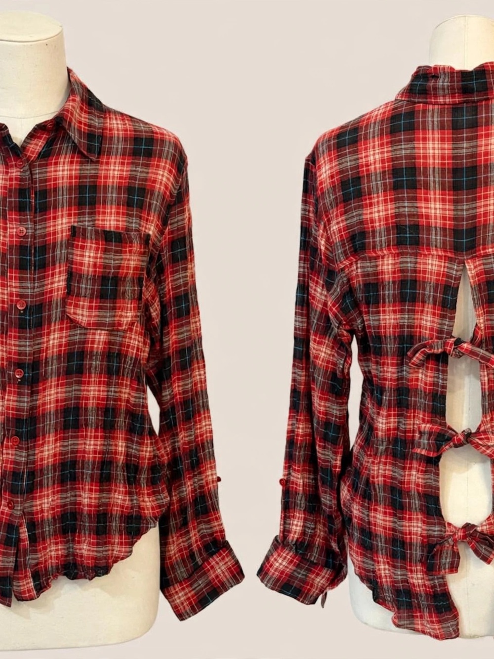 Mustard Seed Red & Black Plaid Button-Back Tie Shirt